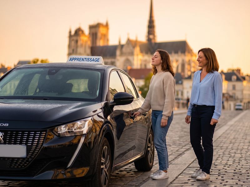 Candidate et son accompagnatrice près de la voiture au petit matin, avant l'examen