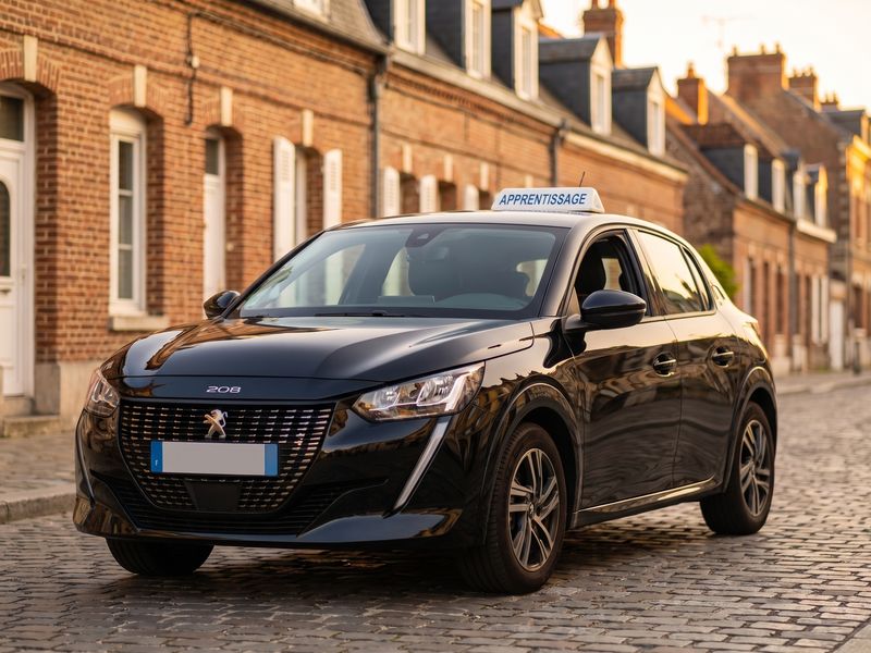 Voiture double commande noire avec panneau Apprentissage, garée dans une rue d'Amiens